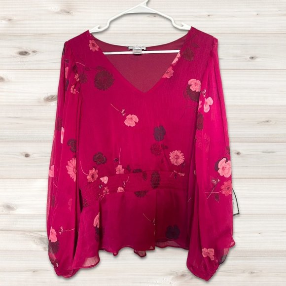 Sam & Jess Tops - Sam and Jess Petite Maroon Floral Smocked-Waist V-neck Blouse Size LP